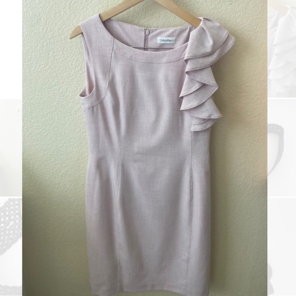 Women’s Calvin Klein dress with side shoulder ruffle.
